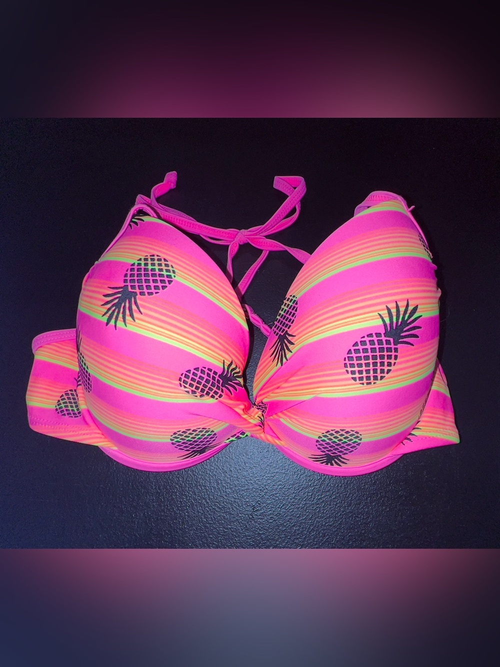 BONGO Neon Pink & Yellow Pineapple Push-Up Bikini Top Y2K Era Swim Suit Beach